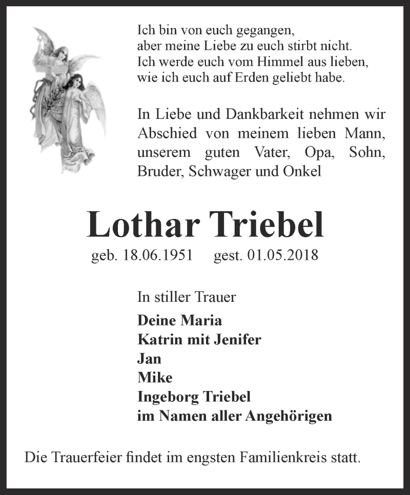  Traueranzeige für Lothar Triebel vom 05.05.2018 aus Thüringer Allgemeine, Thüringische Landeszeitung