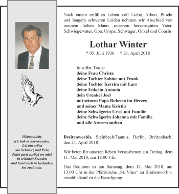 Traueranzeige von Lothar Winter von Thüringer Allgemeine