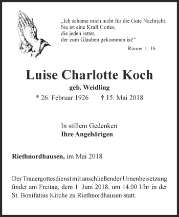 Traueranzeige von Luise Charlotte Koch von Thüringer Allgemeine, Thüringische Landeszeitung