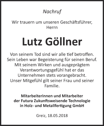 Traueranzeige von Lutz Göllner von Ostthüringer Zeitung