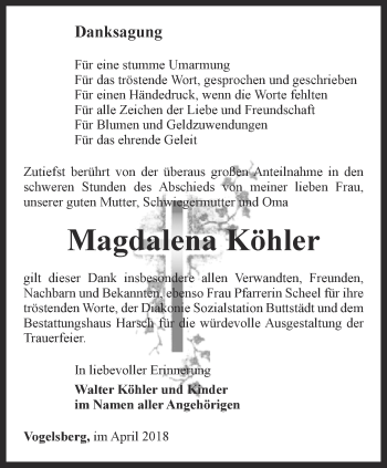 Traueranzeige von Magdalena Köhler von Thüringer Allgemeine