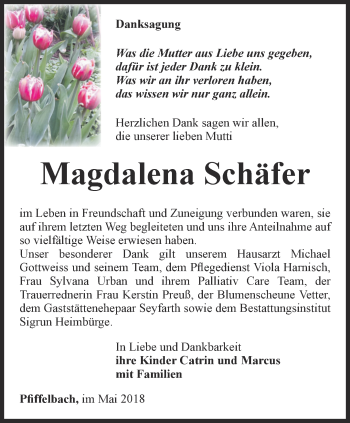 Traueranzeige von Magdalena Schäfer von Thüringer Allgemeine, Thüringische Landeszeitung