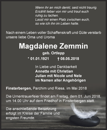 Traueranzeige von Magdalene Zemmin von Ostthüringer Zeitung, Thüringische Landeszeitung