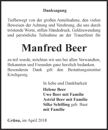 Traueranzeige von Manfred Beer