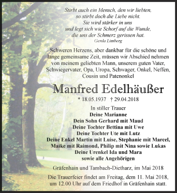 Traueranzeige von Manfred Edelhäußer von Ostthüringer Zeitung, Thüringische Landeszeitung