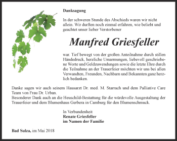 Traueranzeige von Manfred Griesfeller von Thüringer Allgemeine, Thüringische Landeszeitung