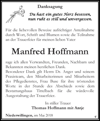 Traueranzeige von Manfred Hoffmann von Thüringer Allgemeine