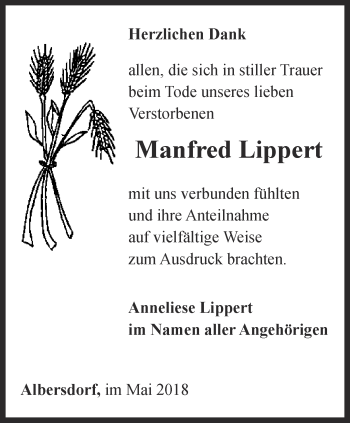 Traueranzeige von Manfred Lippert von Ostthüringer Zeitung