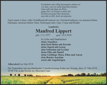 Traueranzeige von Manfred Lippert von Ostthüringer Zeitung