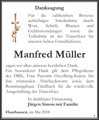 Traueranzeige von Manfred Müller von Thüringer Allgemeine