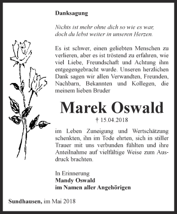 Traueranzeige von Marek Oswald von Thüringer Allgemeine