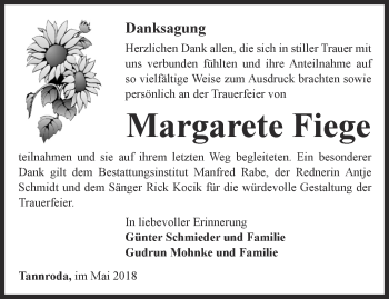 Traueranzeige von Margarete Fiege von Thüringer Allgemeine, Thüringische Landeszeitung