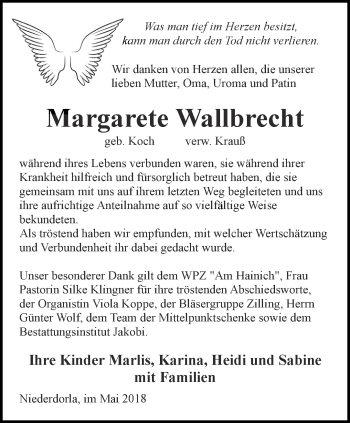 Traueranzeige von Margarete Wallbrecht von Thüringer Allgemeine, Thüringische Landeszeitung