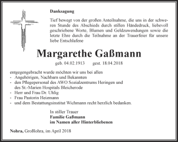 Traueranzeige von Margarethe Gaßmann von Thüringer Allgemeine