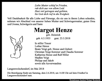 Traueranzeige von Margot Henze von Ostthüringer Zeitung