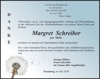 Traueranzeige von Margret Schreiber von Ostthüringer Zeitung