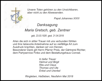 Traueranzeige von Maria Gretsch von Thüringer Allgemeine, Thüringische Landeszeitung