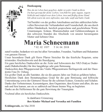 Traueranzeige von Maria Schneemann von Thüringer Allgemeine