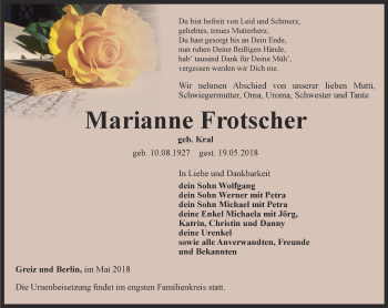 Traueranzeige von Marianne Frotscher