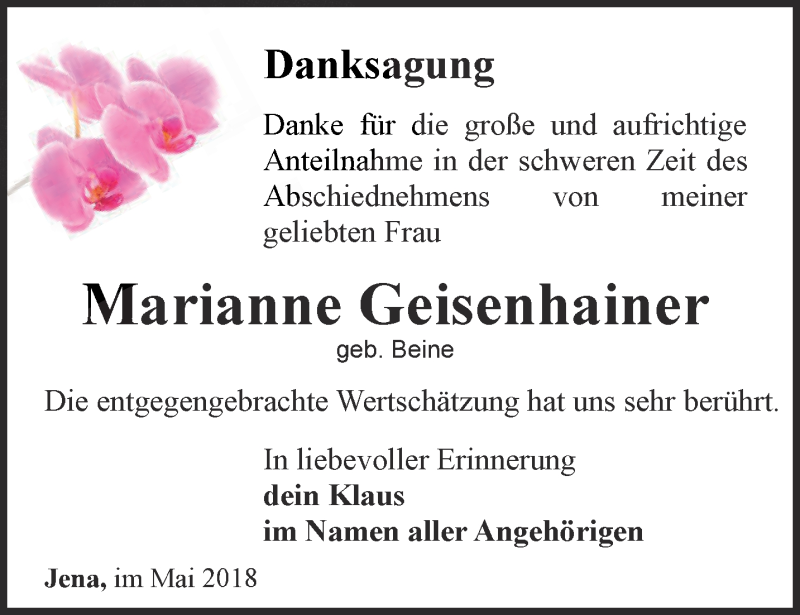  Traueranzeige für Marianne Geisenhainer vom 05.05.2018 aus Ostthüringer Zeitung, Thüringische Landeszeitung