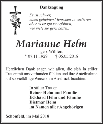 Traueranzeige von Marianne Helm von Thüringer Allgemeine