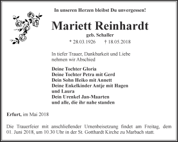 Traueranzeige von Mariett Reinhardt von Thüringer Allgemeine, Thüringische Landeszeitung