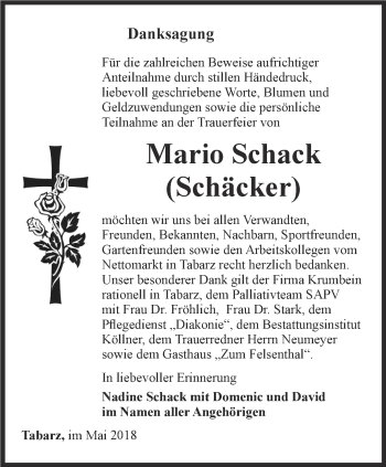 Traueranzeige von Mario Schack von Ostthüringer Zeitung, Thüringische Landeszeitung