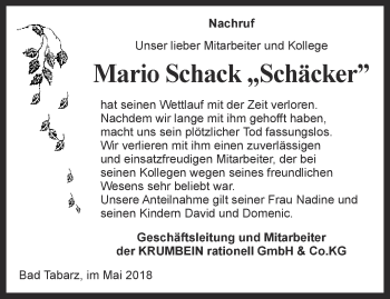 Traueranzeige von Mario Schack von Ostthüringer Zeitung, Thüringische Landeszeitung