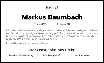 Traueranzeige von Markus Baumbach von Thüringer Allgemeine, Thüringische Landeszeitung