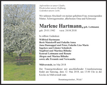 Traueranzeige von Marlene Hartmann von Thüringer Allgemeine, Thüringische Landeszeitung