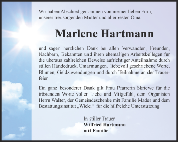 Traueranzeige von Marlene Hartmann von Thüringer Allgemeine, Thüringische Landeszeitung