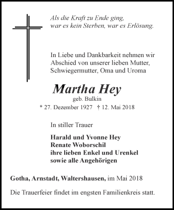 Traueranzeige von Martha Hey von Ostthüringer Zeitung, Thüringische Landeszeitung