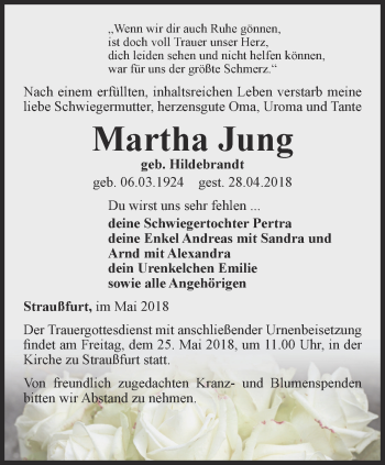 Traueranzeige von Martha Jung von Thüringer Allgemeine