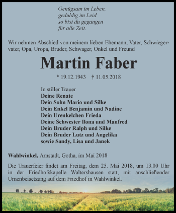 Traueranzeige von Martin Faber von Ostthüringer Zeitung, Thüringische Landeszeitung