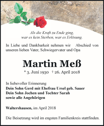 Traueranzeige von Martin Meß von Ostthüringer Zeitung, Thüringische Landeszeitung