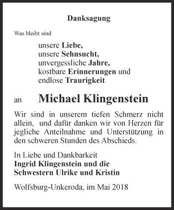 Traueranzeige von Michael Klingenstein von Thüringer Allgemeine, Thüringische Landeszeitung