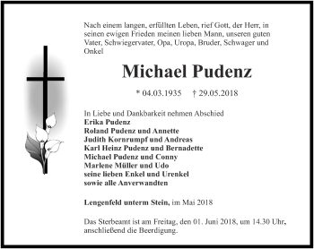 Traueranzeige von Michael Pudenz von Thüringer Allgemeine, Thüringische Landeszeitung