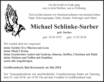 Traueranzeige von Michael Schlinke-Surber von Thüringer Allgemeine