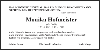 Traueranzeige von Monika Hofmeister von Ostthüringer Zeitung