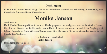 Traueranzeige von Monika Janson von Ostthüringer Zeitung, Thüringische Landeszeitung