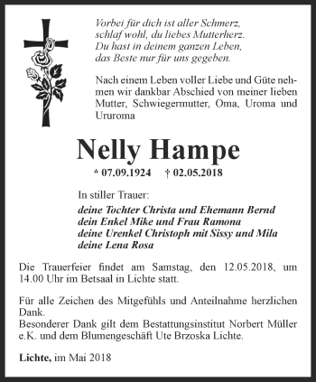 Traueranzeige von Nelly Hampe von Ostthüringer Zeitung