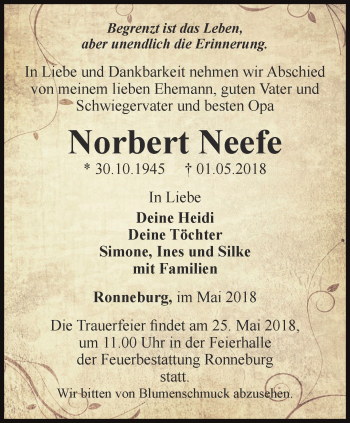 Traueranzeige von Norbert Neefe von Ostthüringer Zeitung