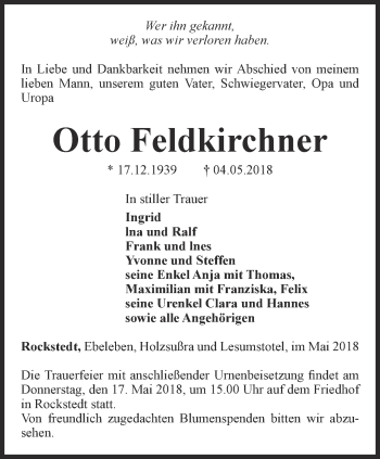 Traueranzeige von Otto Feldkirchner von Thüringer Allgemeine