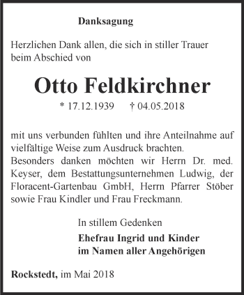 Traueranzeige von Otto Feldkirchner von Thüringer Allgemeine