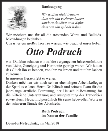 Traueranzeige von Otto Podruch von Ostthüringer Zeitung, Thüringische Landeszeitung