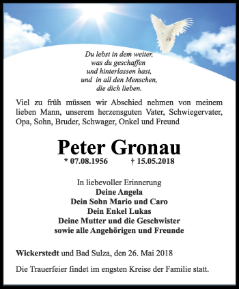 Traueranzeige von Peter Gronau von Thüringer Allgemeine, Thüringische Landeszeitung
