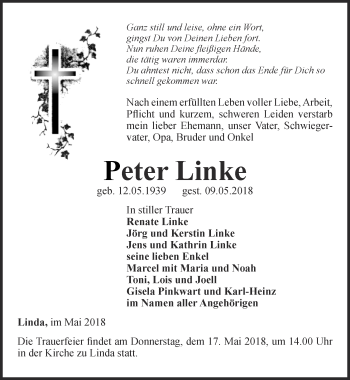 Traueranzeige von Peter Linke von Ostthüringer Zeitung