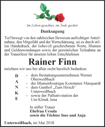 Traueranzeige von Rainer Finn von Ostthüringer Zeitung