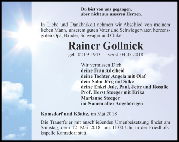 Traueranzeige von Rainer Gollnick von Ostthüringer Zeitung