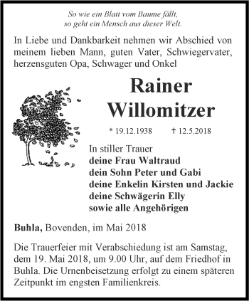 Traueranzeige von Rainer Willomitzer von Thüringer Allgemeine